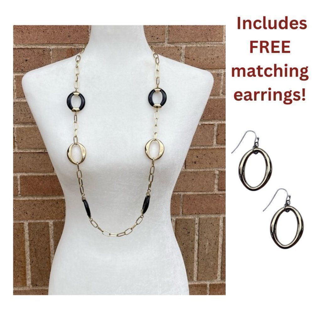 Gold & Black Oval Necklace & Earrings Set